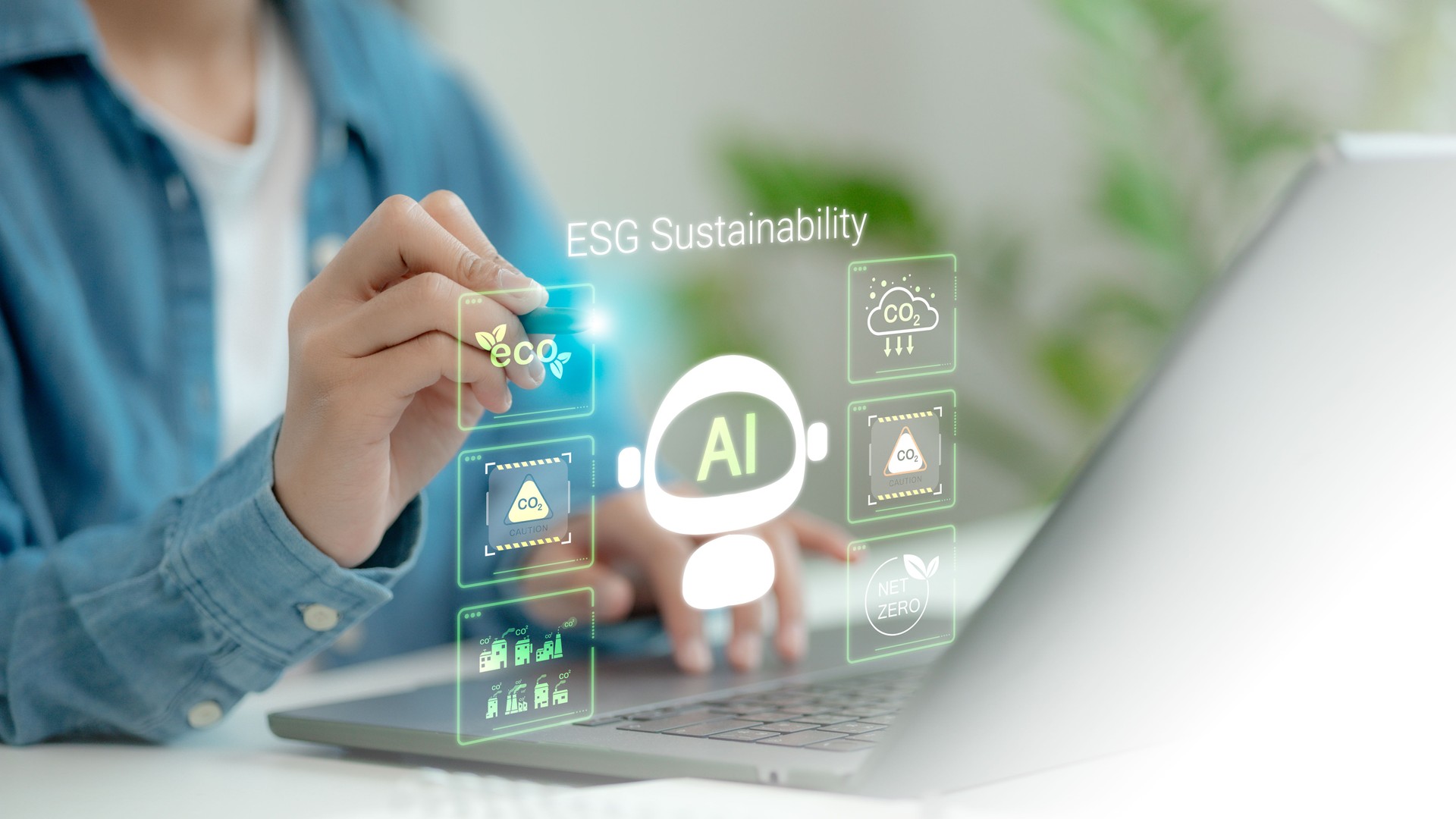 Person interacting with ESG sustainability AI dashboard hologram, featuring CO2 alerts, eco icons, net zero targets, and green analytics, symbolizing eco-conscious artificial intelligence use.