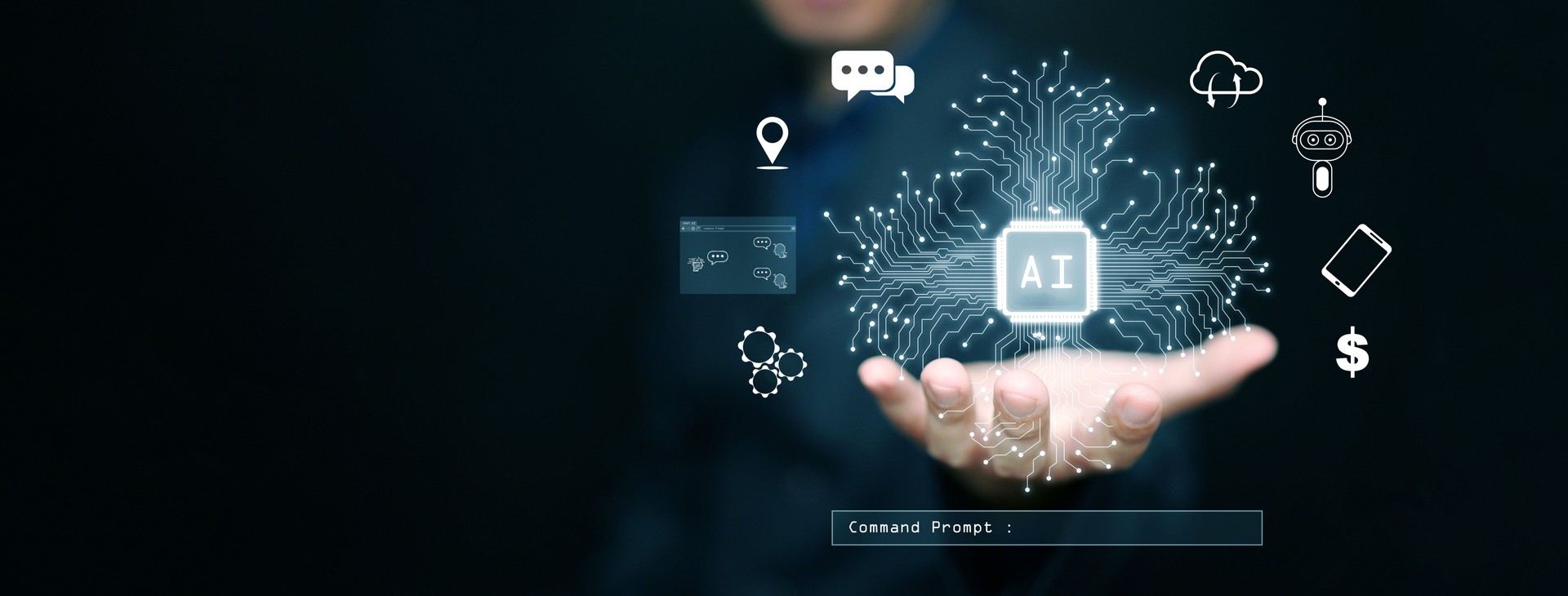 Ai technology, Artificial Intelligence. A man with AI smart chip on his hand using command prompt  to generate things to assist and work for him. Human control over AI. Chat with AI