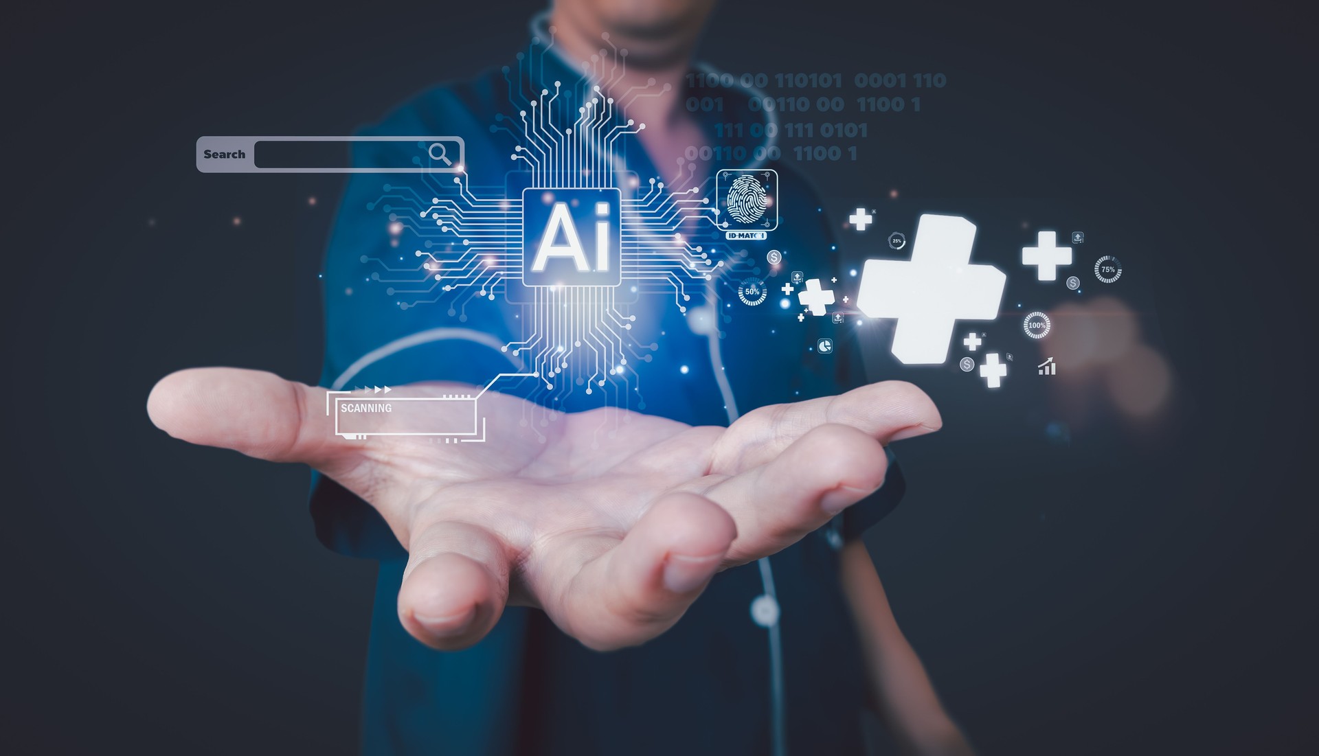 AI in healthcare concept. A person presents a glowing digital interface with an AI chip, search bar, scanning, and medical cross icons for accessing advanced health services.