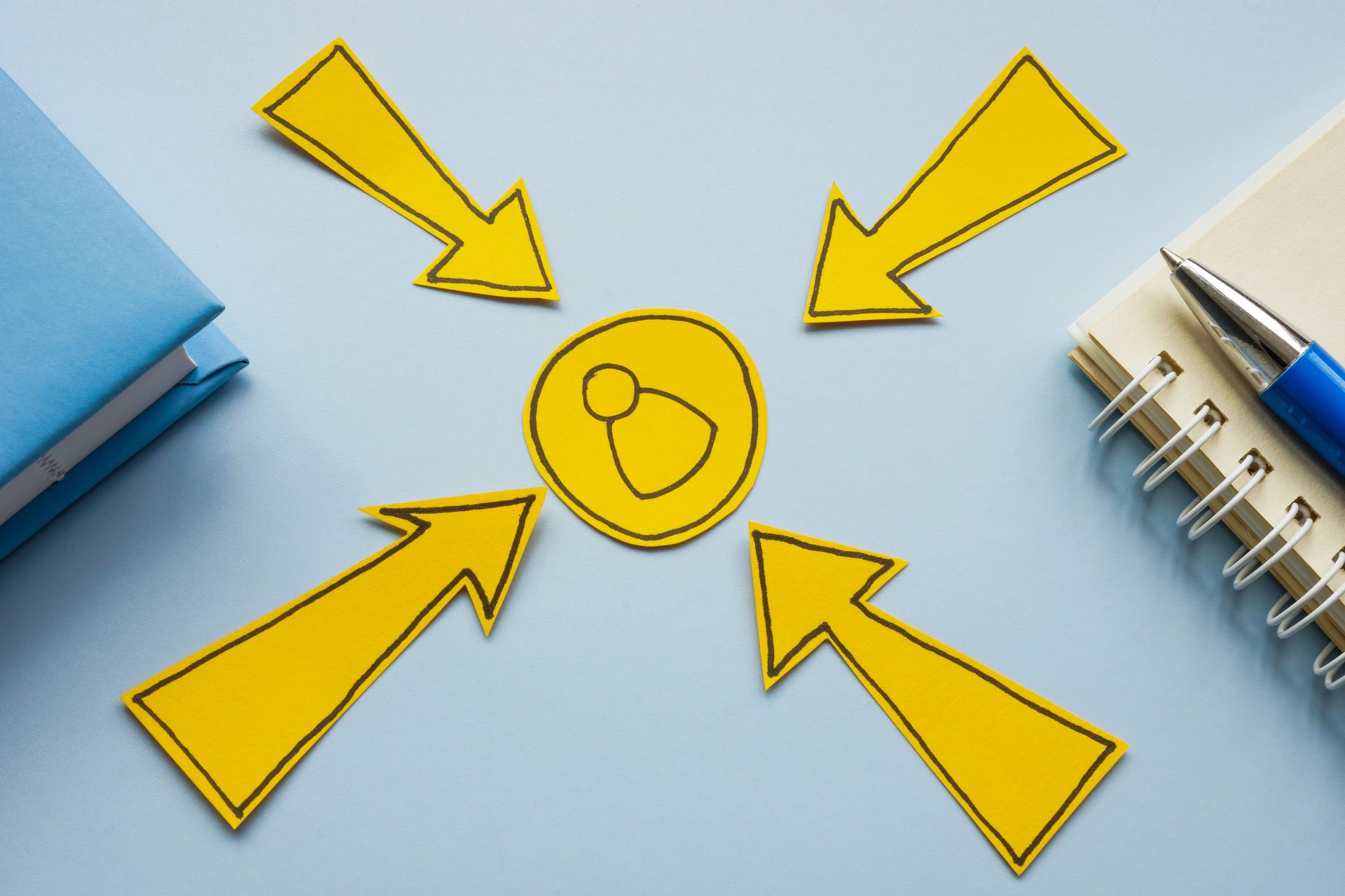 Figurine with arrows pointing at it. Customer focus. Symbolizes customer centric approach.